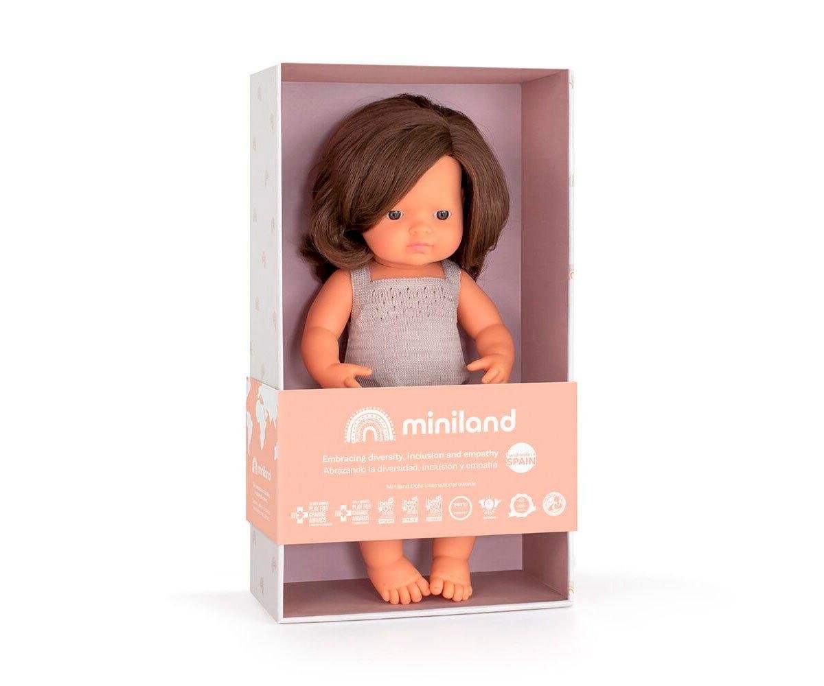 Muñeca Caucásica Castaña con Pelele Gris 38 cm Miniland - Imagen 3