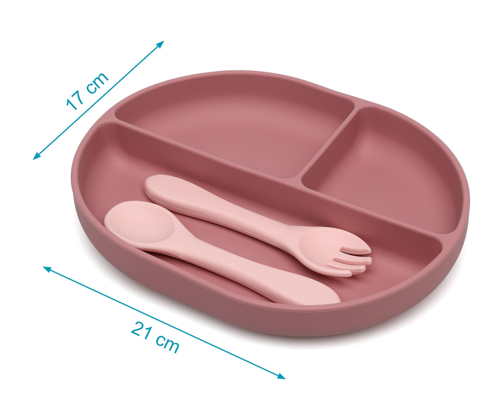 SET DE CUBIERTOS Y BANDEJA BLW EN SILICONA CON DIVISIONES Y VENTOSA ROSA - Imagen 4