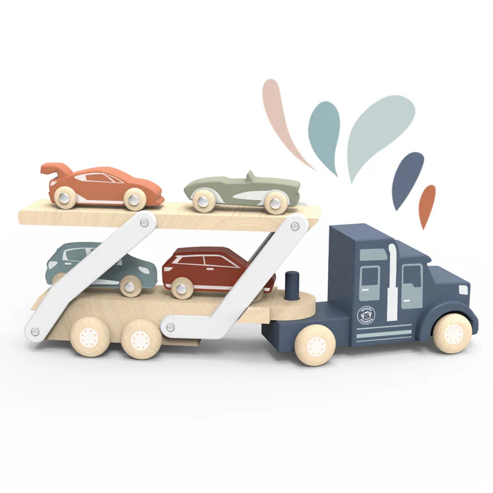 Camión de transporte de coches de madera con coches variados - Imagen 3