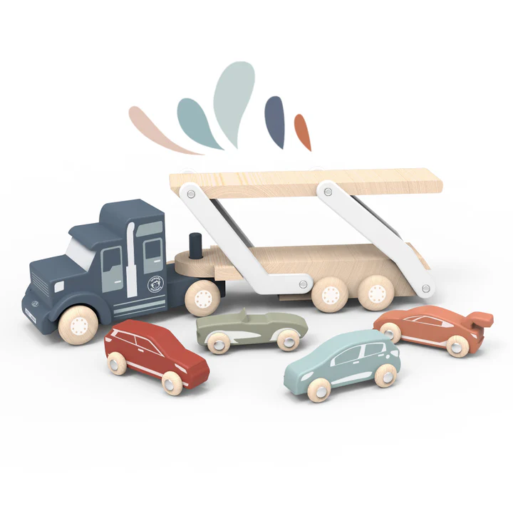 Camión de transporte de coches de madera con coches variados - Imagen 5