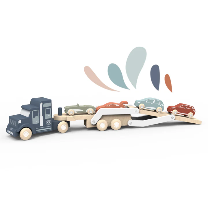 Camión de transporte de coches de madera con coches variados - Imagen 4