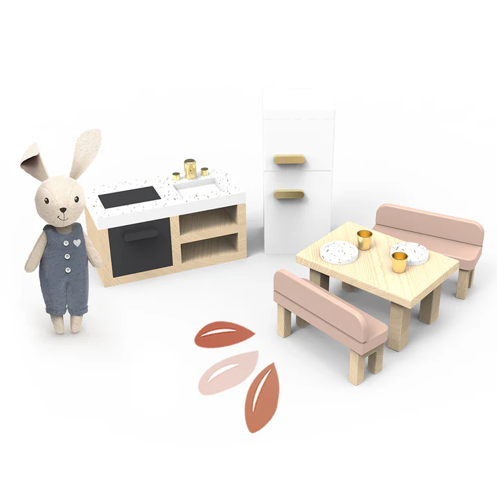 Casita de muñecas Juego de cocina para casa de muñecas con 4 sillas y 1 personaje - Imagen 3